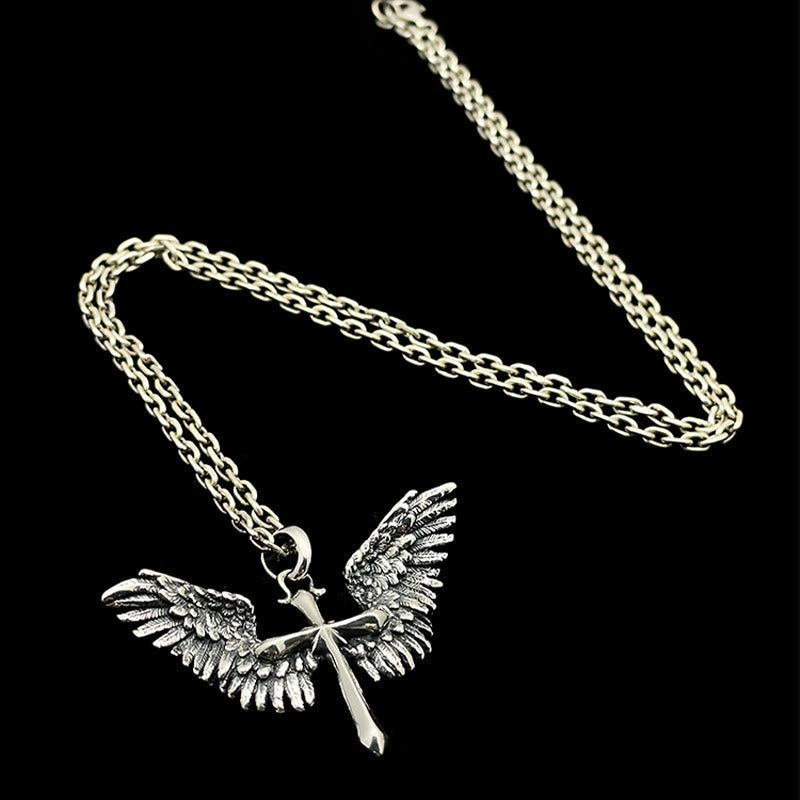 Collar con alas y cruz de plata de ley 925, vintage y clásico: una mezcla de encanto retro y gracia divina