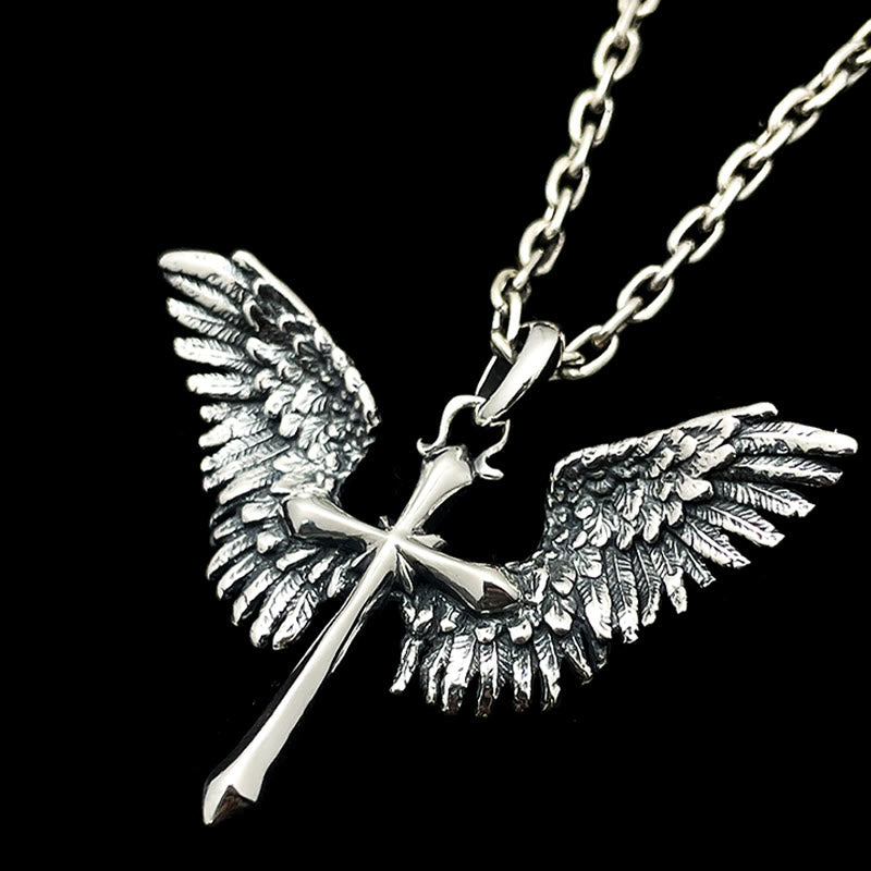 Collar con alas y cruz de plata de ley 925, vintage y clásico: una mezcla de encanto retro y gracia divina