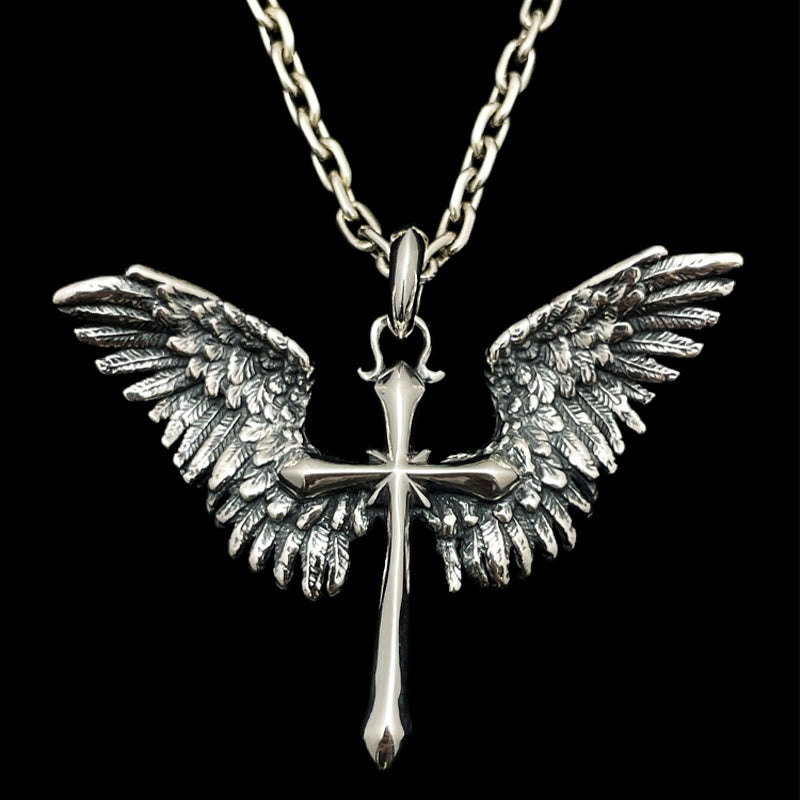 Collar con alas y cruz de plata de ley 925, vintage y clásico: una mezcla de encanto retro y gracia divina