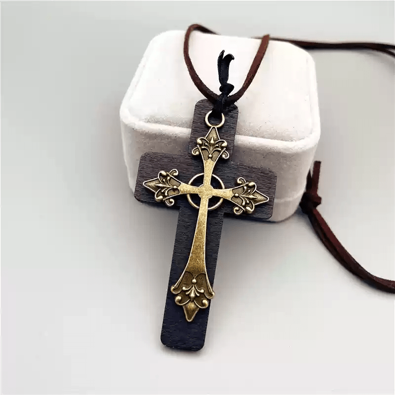 Collar Vintage Cruz Doble de Madera y Metal