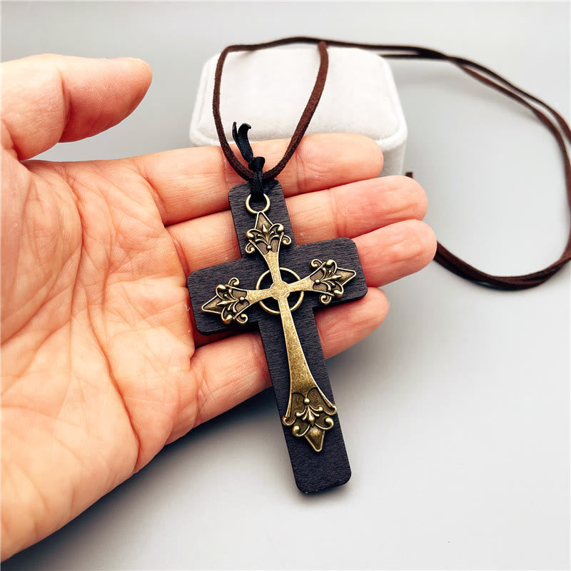 Collar Vintage Cruz Doble de Madera y Metal