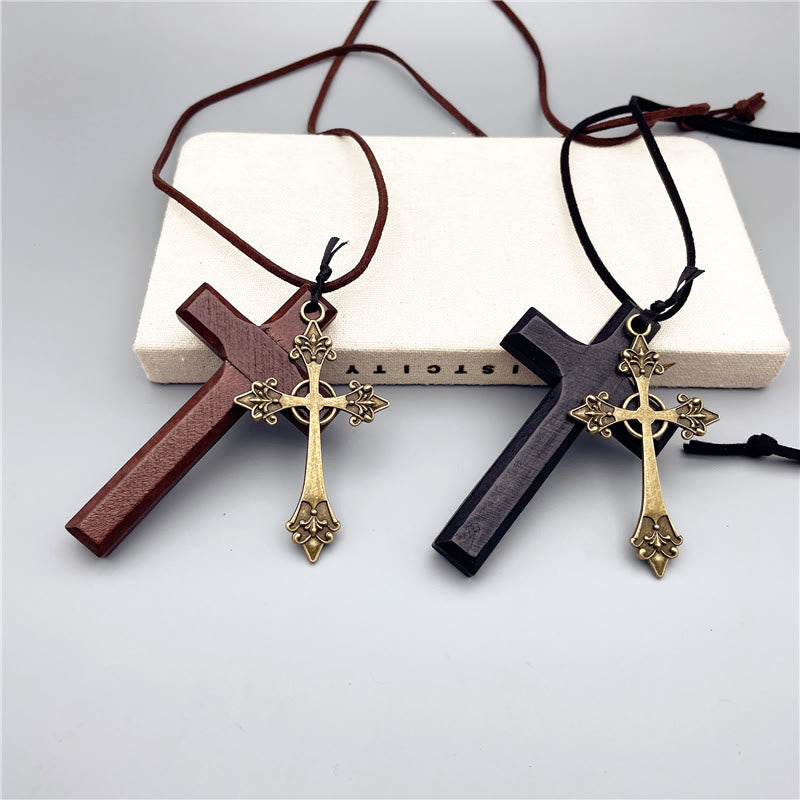 Collar Vintage Cruz Doble de Madera y Metal