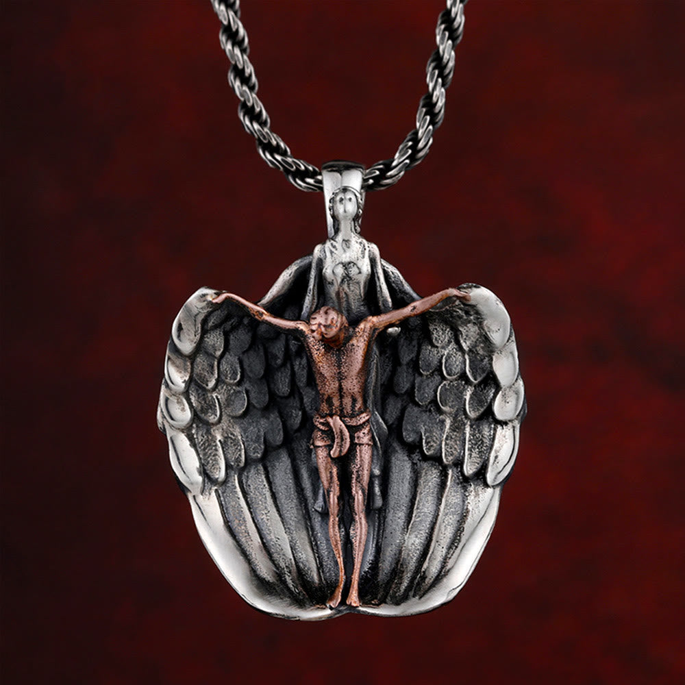 925 Sterling Silver Crucifix with Angel Wings Vintage Necklace: Distinctive Emblem of Divine Grace