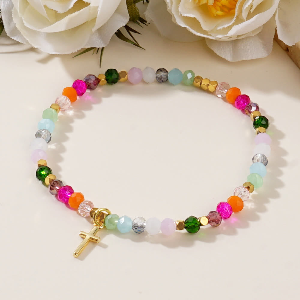 Pulsera de Cruz de Cristal Multicolor con Tarjeta Bendecida: Un Vívido Símbolo de Fe