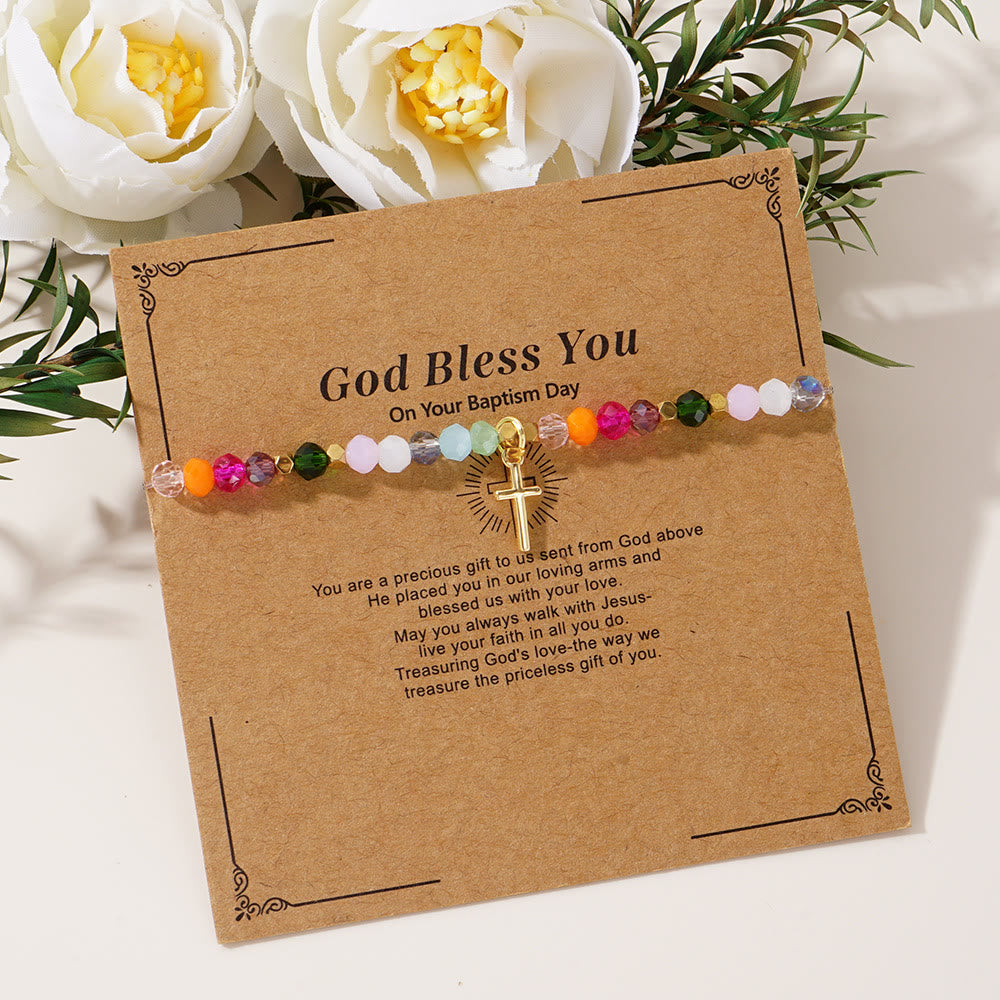 Pulsera de Cruz de Cristal Multicolor con Tarjeta Bendecida: Un Vívido Símbolo de Fe