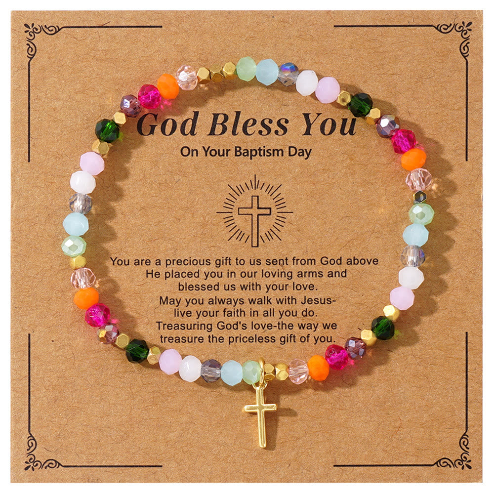 Pulsera de Cruz de Cristal Multicolor con Tarjeta Bendecida: Un Vívido Símbolo de Fe