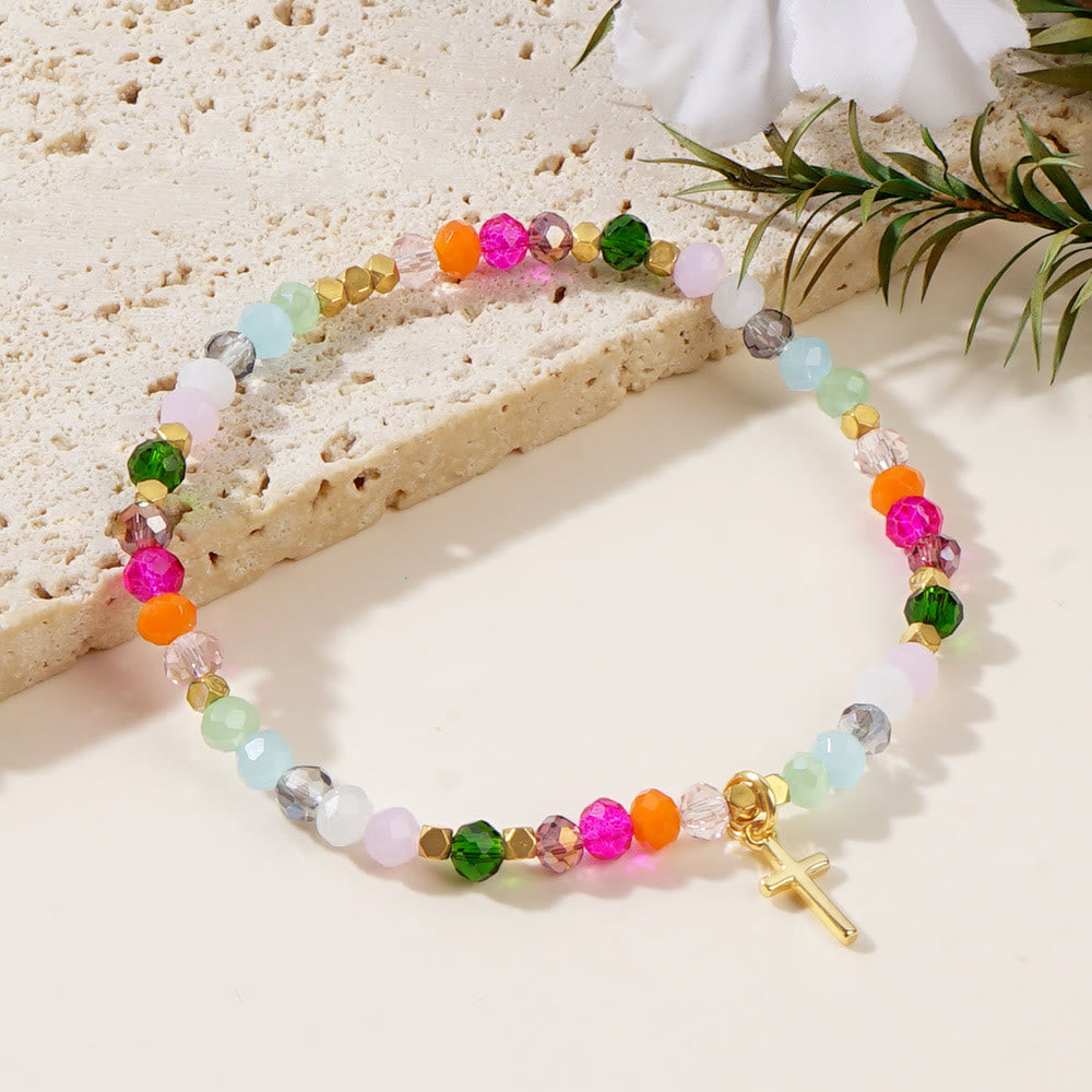 Pulsera de Cruz de Cristal Multicolor con Tarjeta Bendecida: Un Vívido Símbolo de Fe