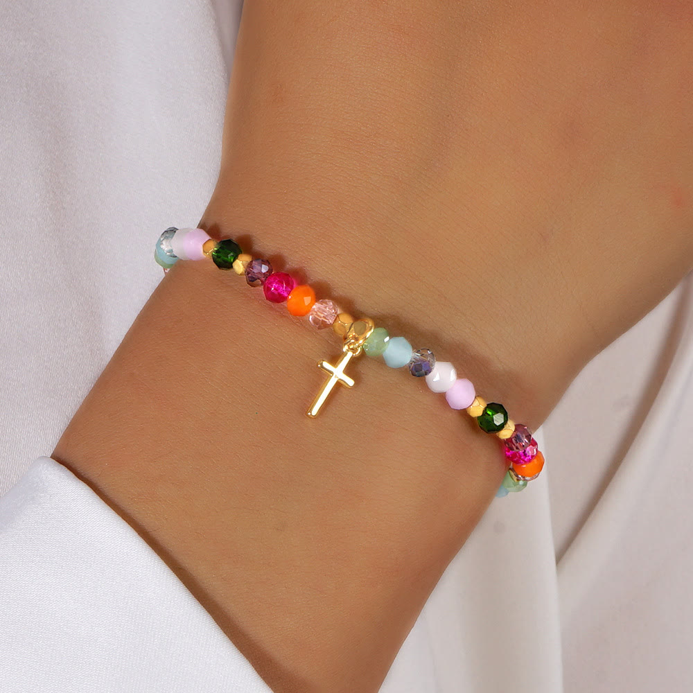Pulsera de Cruz de Cristal Multicolor con Tarjeta Bendecida: Un Vívido Símbolo de Fe
