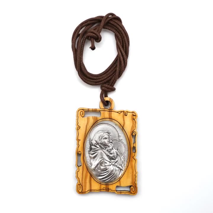 Collar con Colgante de la Virgen María en Madera de Olivo y Metal: Una Reliquia Devocional Atemporal