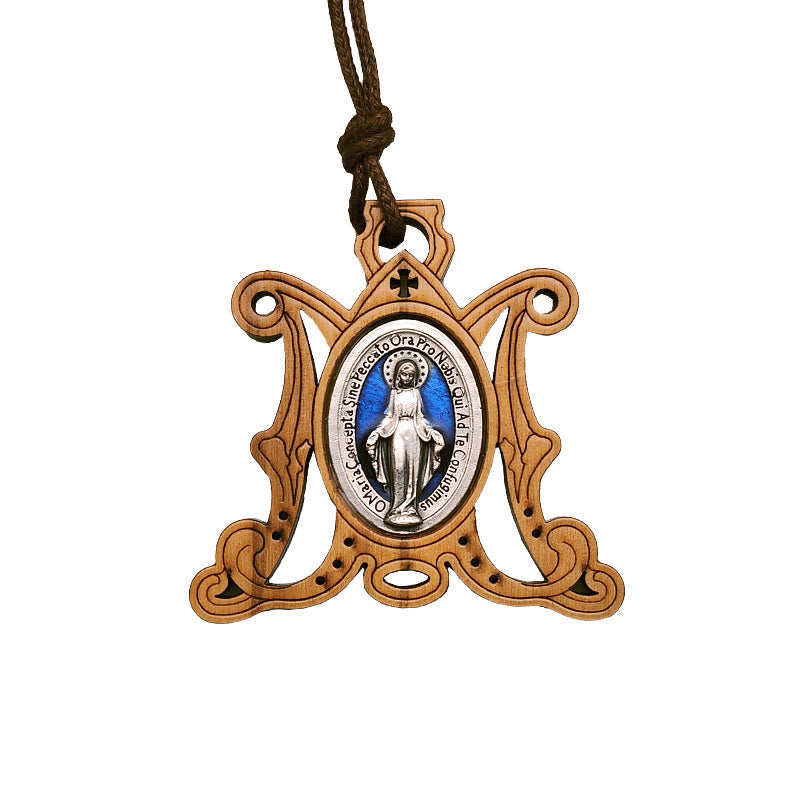 Collar de Medalla Milagrosa de Madera de Olivo Vintage: Un Emblema Atemporal de la Gracia Divina