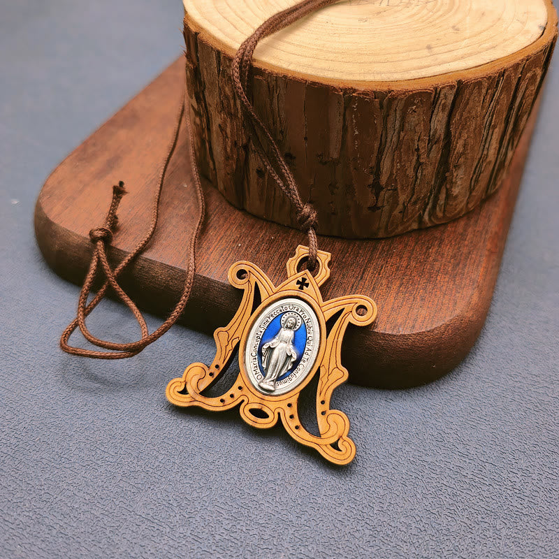Collar de Medalla Milagrosa de Madera de Olivo Vintage: Un Emblema Atemporal de la Gracia Divina