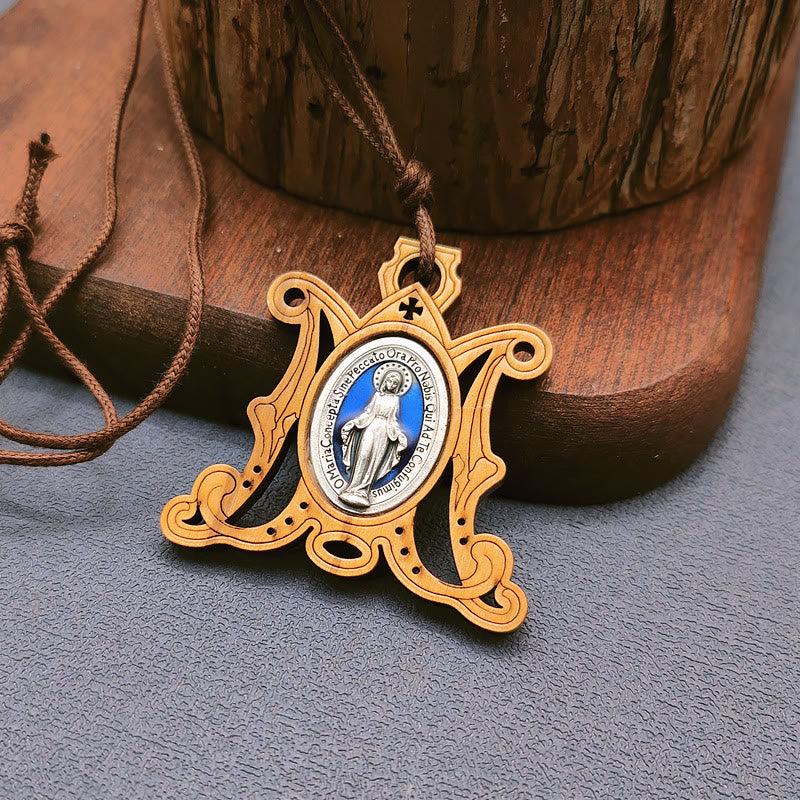 Collar de Medalla Milagrosa de Madera de Olivo Vintage: Un Emblema Atemporal de la Gracia Divina