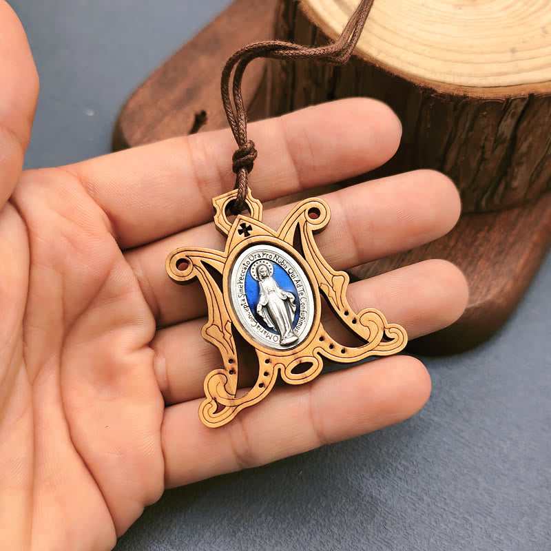 Collar de Medalla Milagrosa de Madera de Olivo Vintage: Un Emblema Atemporal de la Gracia Divina