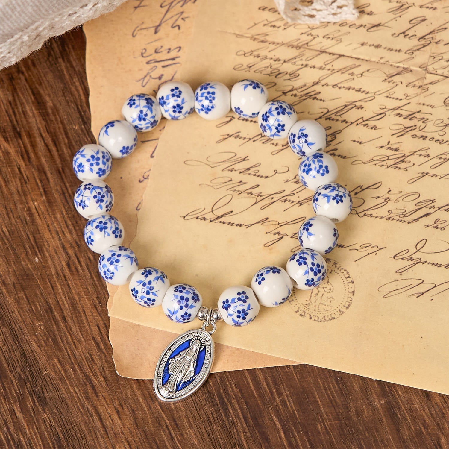 Blue & White Beaded Floral Bracelet with Miraculous Medal