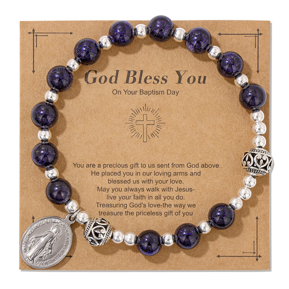 Pulsera elástica de piedras preciosas multicolor con medalla milagrosa: conexión espiritual única