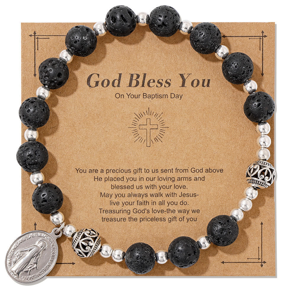 Pulsera elástica de piedras preciosas multicolor con medalla milagrosa: conexión espiritual única