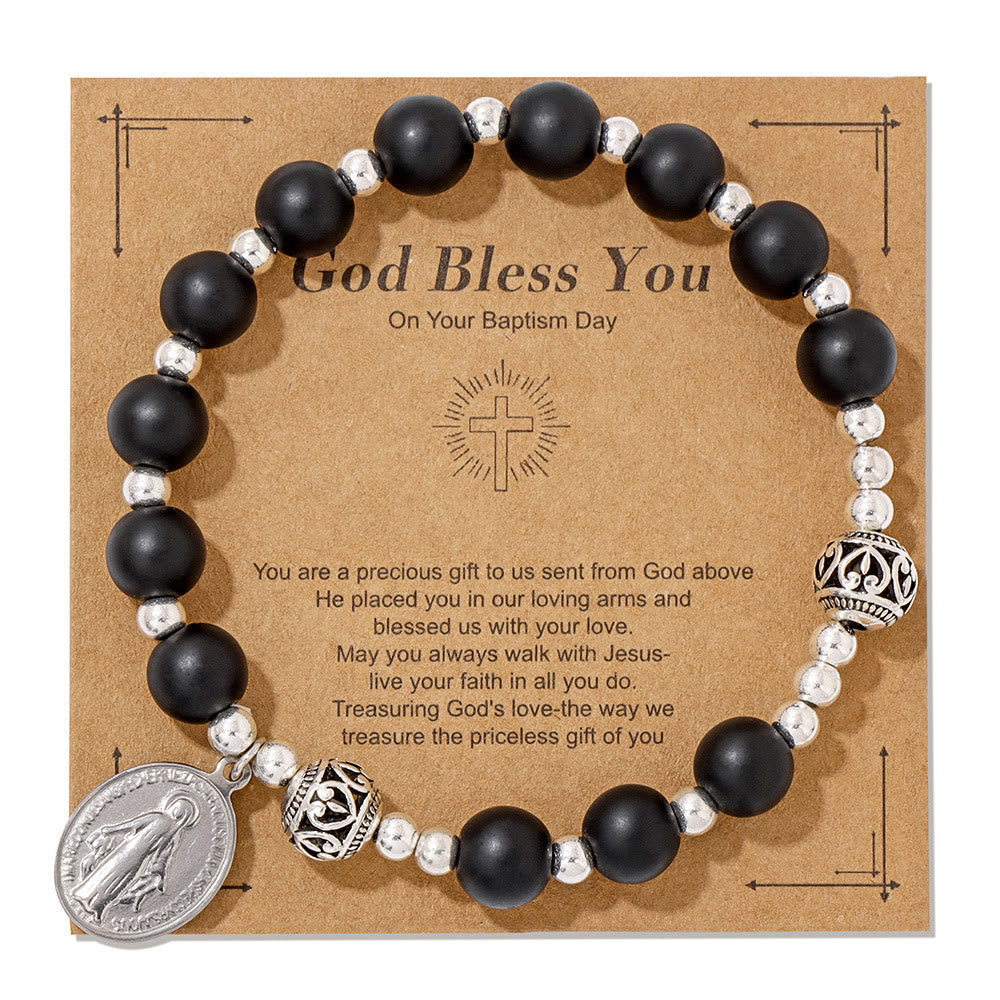 Pulsera elástica de piedras preciosas multicolor con medalla milagrosa: conexión espiritual única