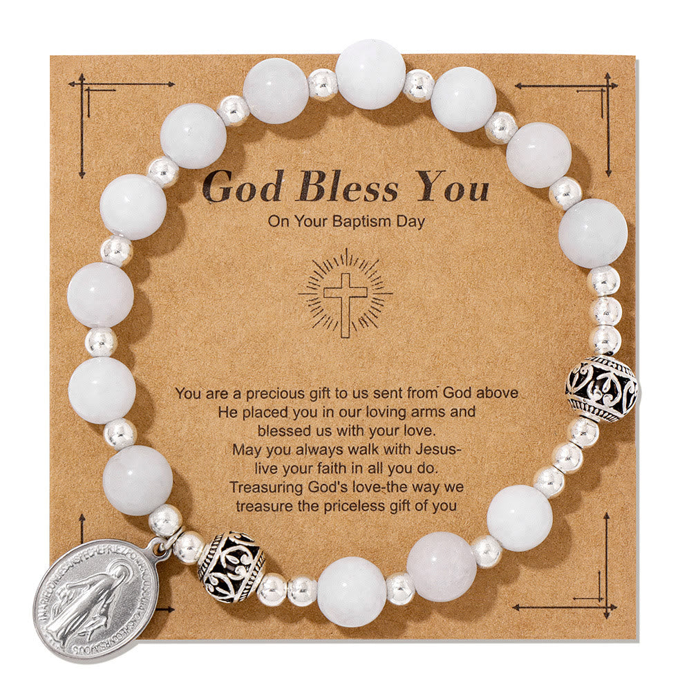 Pulsera elástica de piedras preciosas multicolor con medalla milagrosa: conexión espiritual única