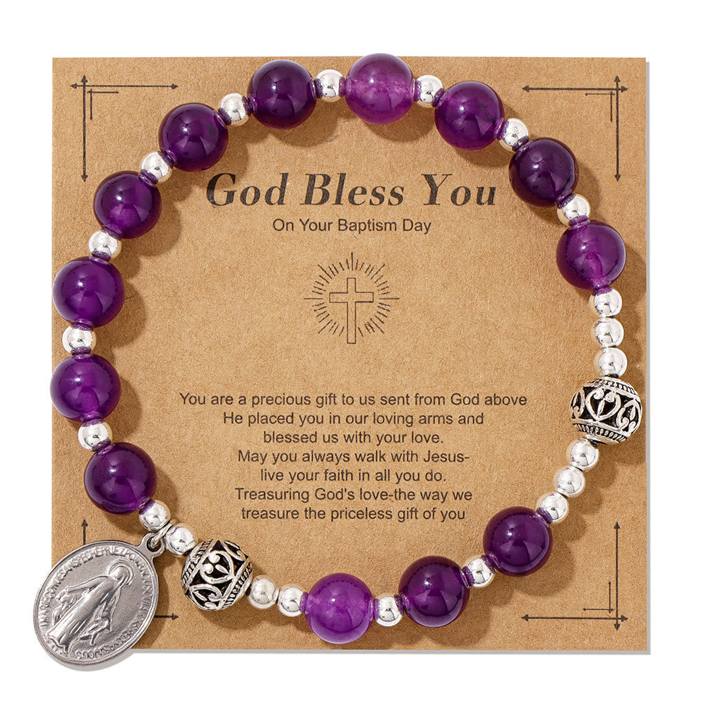 Pulsera elástica de piedras preciosas multicolor con medalla milagrosa: conexión espiritual única