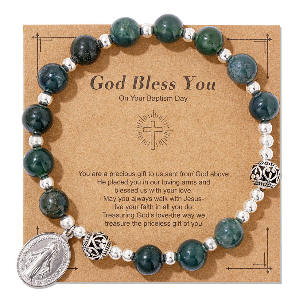 Pulsera elástica de piedras preciosas multicolor con medalla milagrosa: conexión espiritual única