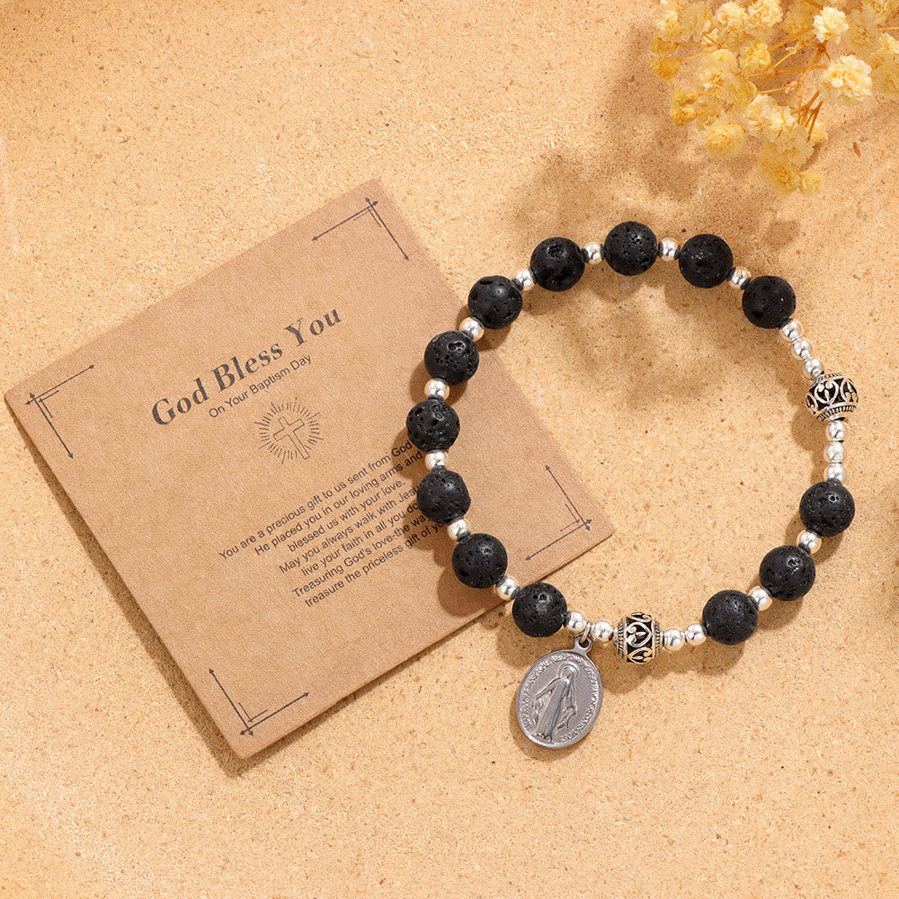 Pulsera elástica de piedras preciosas multicolor con medalla milagrosa: conexión espiritual única