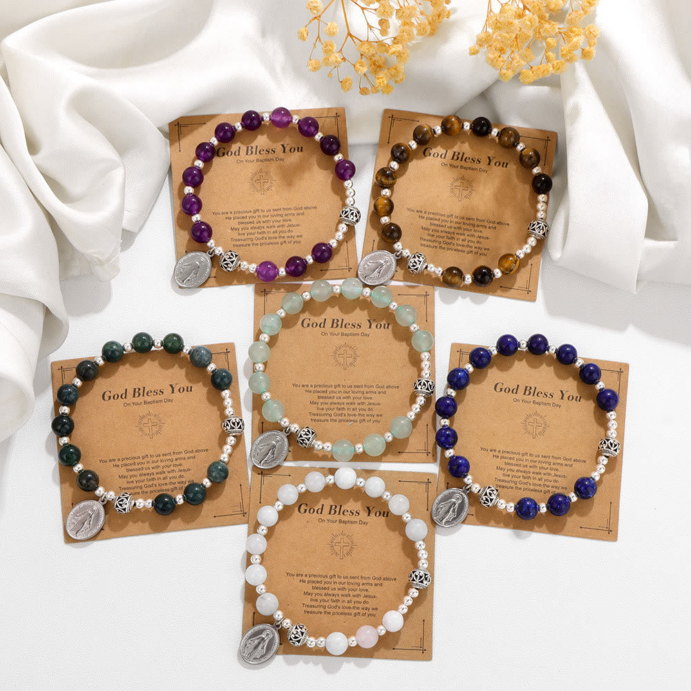 Pulsera elástica de piedras preciosas multicolor con medalla milagrosa: conexión espiritual única