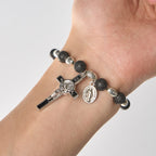 Pulsera de Ágata Negra Natural con Medalla de San Benito y Colgante de la Virgen María: Arte de Fe Divina
