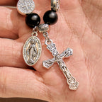 Pulsera de Ágata Negra Natural con Medalla de San Benito y Colgante de la Virgen María: Arte de Fe Divina