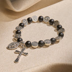 Pulsera de Ágata Negra Natural con Medalla de San Benito y Colgante de la Virgen María: Arte de Fe Divina