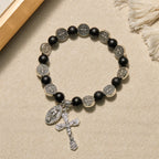 Pulsera de Ágata Negra Natural con Medalla de San Benito y Colgante de la Virgen María: Arte de Fe Divina