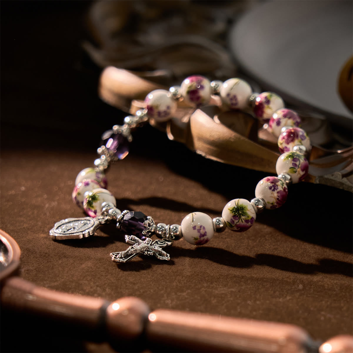 Multi-color Floral Ceramic Stretch Bracelet with Miraculous Medal