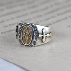 Anillo religioso de estilo retro de plata de ley 925 con insignia de la Virgen María bendición