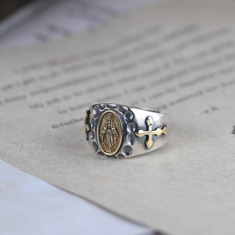 Anillo religioso de estilo retro de plata de ley 925 con insignia de la Virgen María bendición