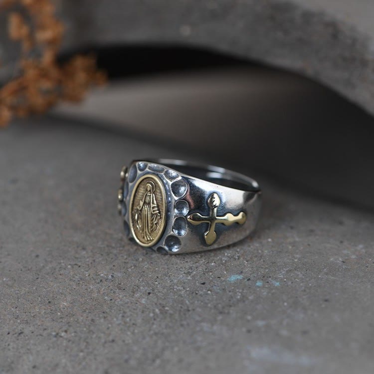 Anillo religioso de estilo retro de plata de ley 925 con insignia de la Virgen María bendición