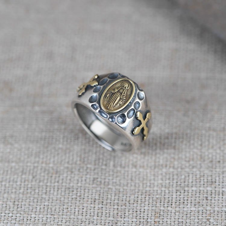 Anillo religioso de estilo retro de plata de ley 925 con insignia de la Virgen María bendición
