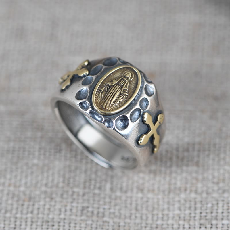 Anillo religioso de estilo retro de plata de ley 925 con insignia de la Virgen María bendición