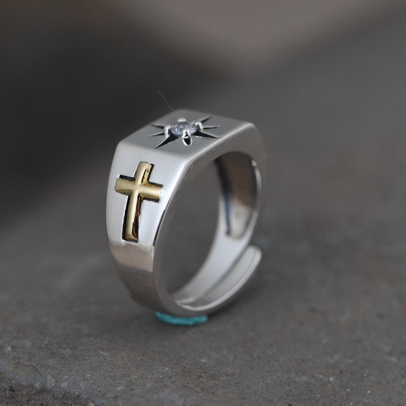 Anillo vintage ajustable de plata de ley 925 cúbica con cruz y Virgen María