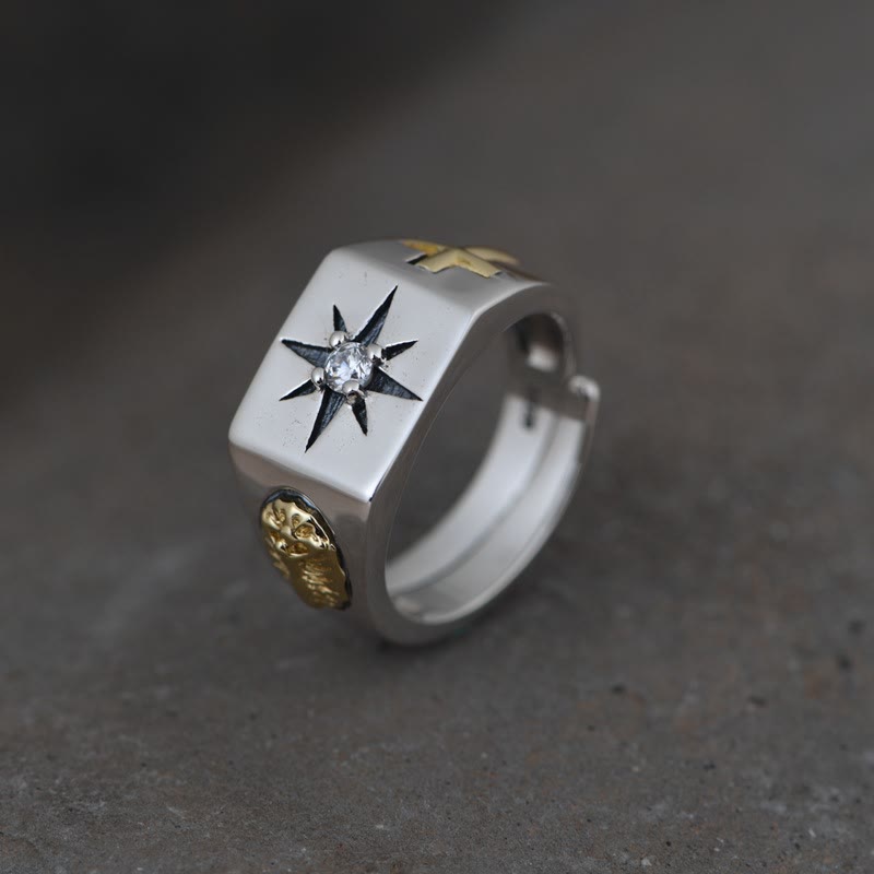 Anillo vintage ajustable de plata de ley 925 cúbica con cruz y Virgen María