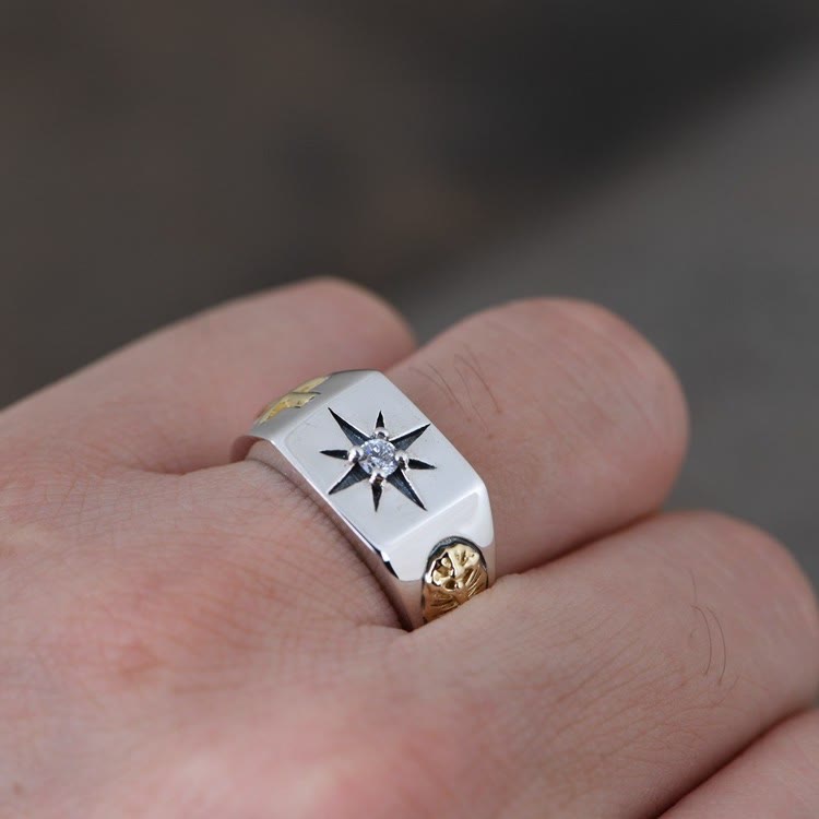 Anillo vintage ajustable de plata de ley 925 cúbica con cruz y Virgen María