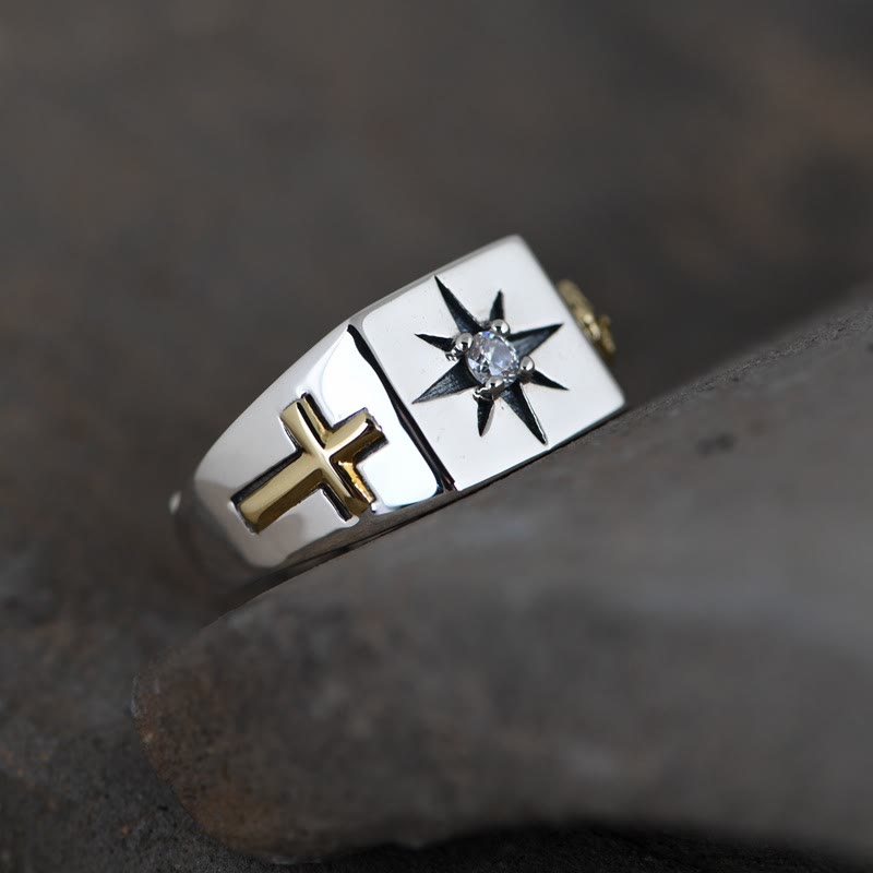 Anillo vintage ajustable de plata de ley 925 cúbica con cruz y Virgen María