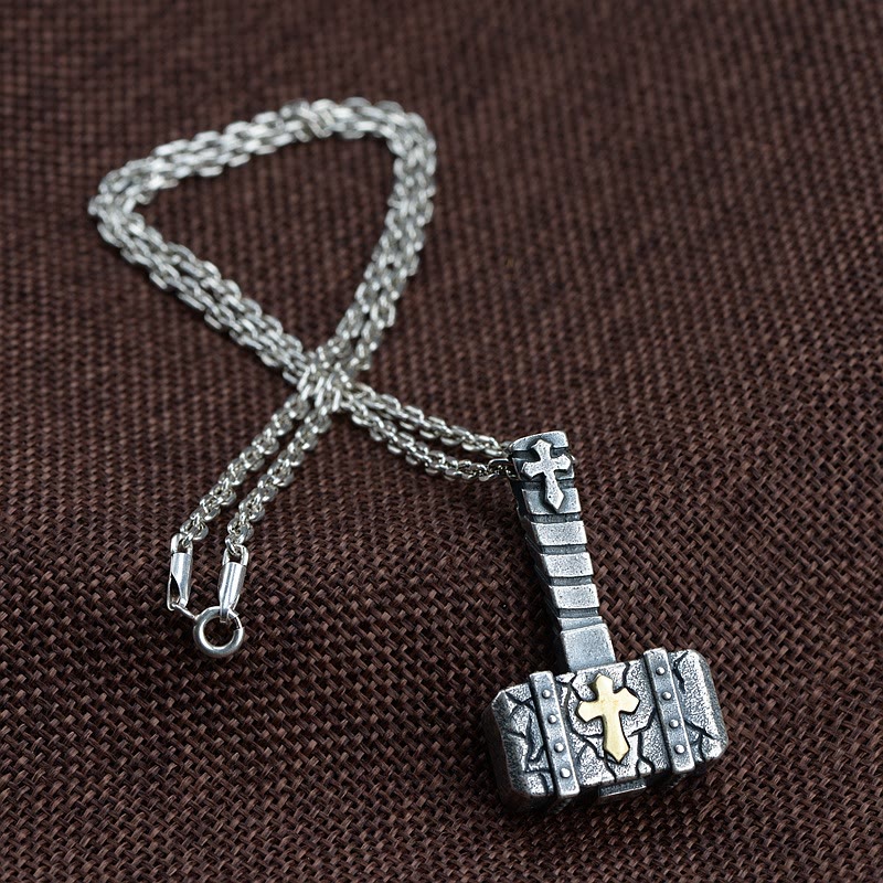 Collar de cruz de martillo de plata 925 sagrada: Símbolo de fe robusto con toque retro