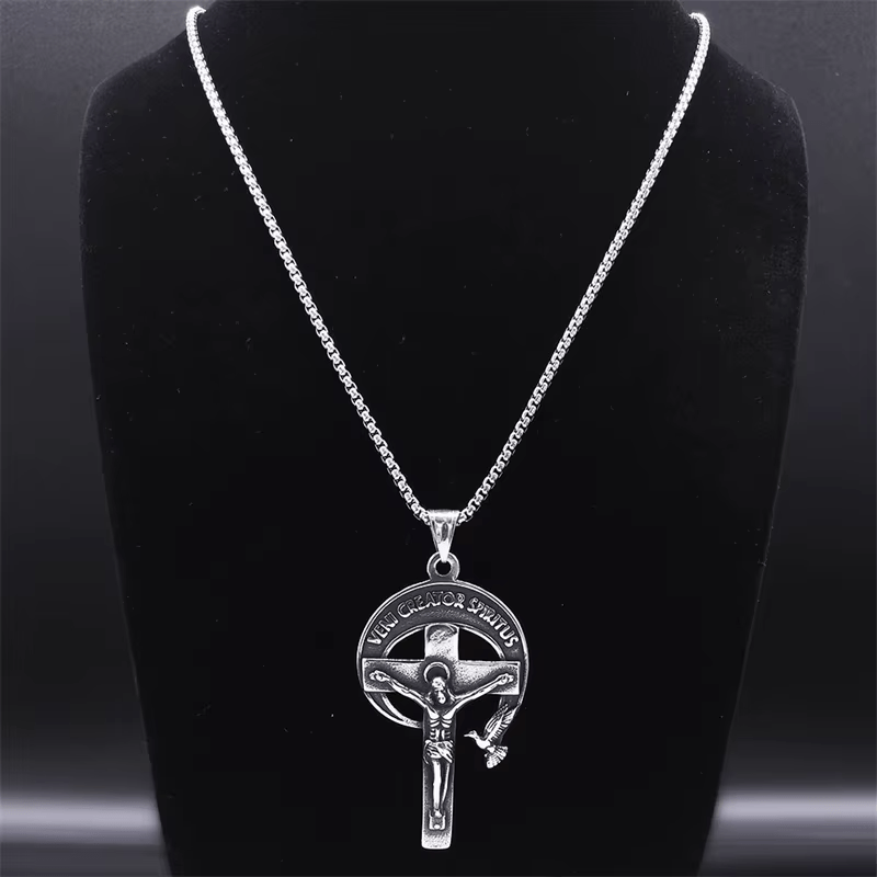 Crucifijo Sagrado Antiguo Estilo Retro con Paloma del Espíritu Santo y Veni Creator Spiritus