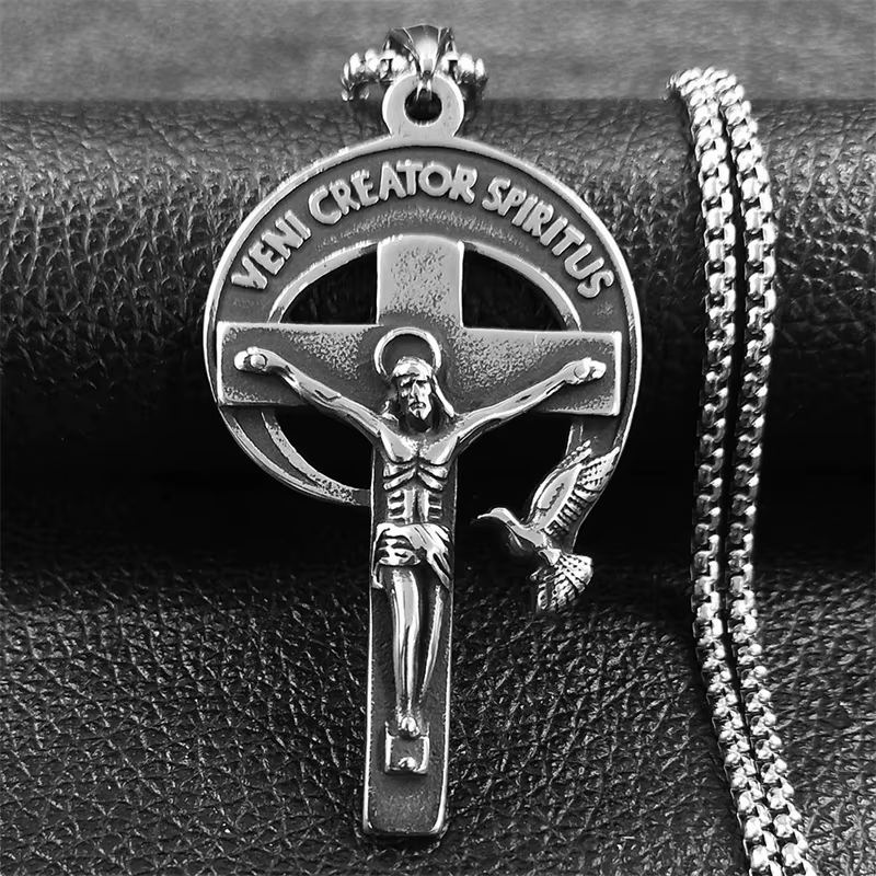 Crucifijo Sagrado Antiguo Estilo Retro con Paloma del Espíritu Santo y Veni Creator Spiritus