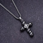Flame-Pattern Thick Cylinder Cross Necklace with Raised Center Emblem