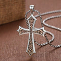 S925 Sharp Edge Cross Necklace with Vintage Amber Baroque Scroll Accents