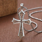 S925 Sharp Edge Cross Necklace with Vintage Amber Baroque Scroll Accents