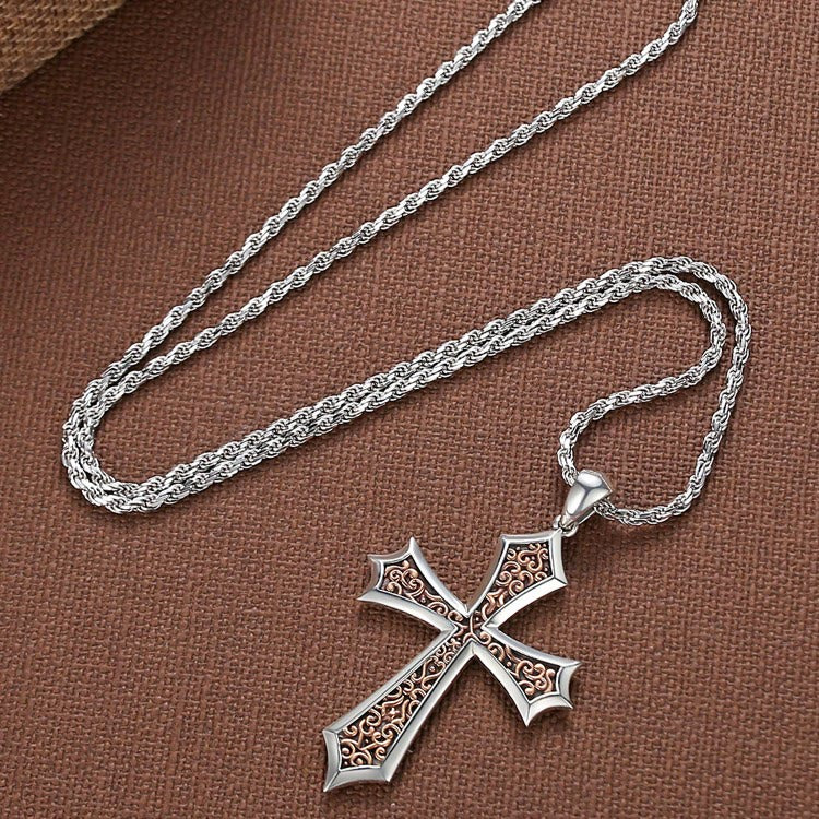Collar Cruzado S925 con Bordes Afilados y Acentos de Pergamino Barroco Vintage de Ámbar