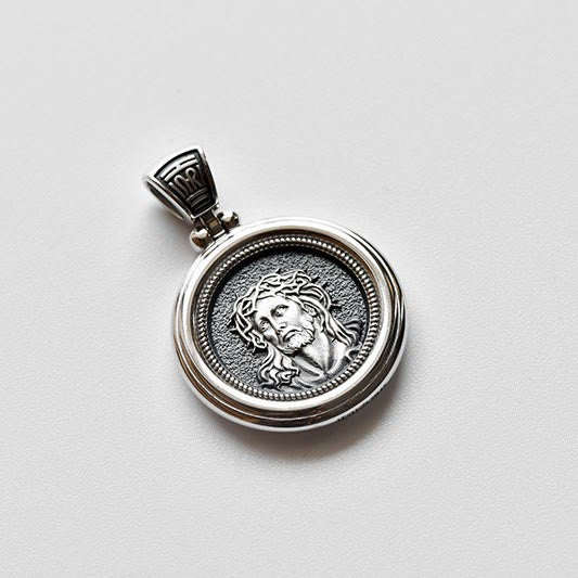 Collar de medalla de doble cara de plata de ley con Corona de Espinas y Nuestra Señora de los Dolores