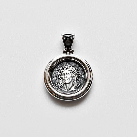 Collar de medalla de doble cara de plata de ley con Corona de Espinas y Nuestra Señora de los Dolores