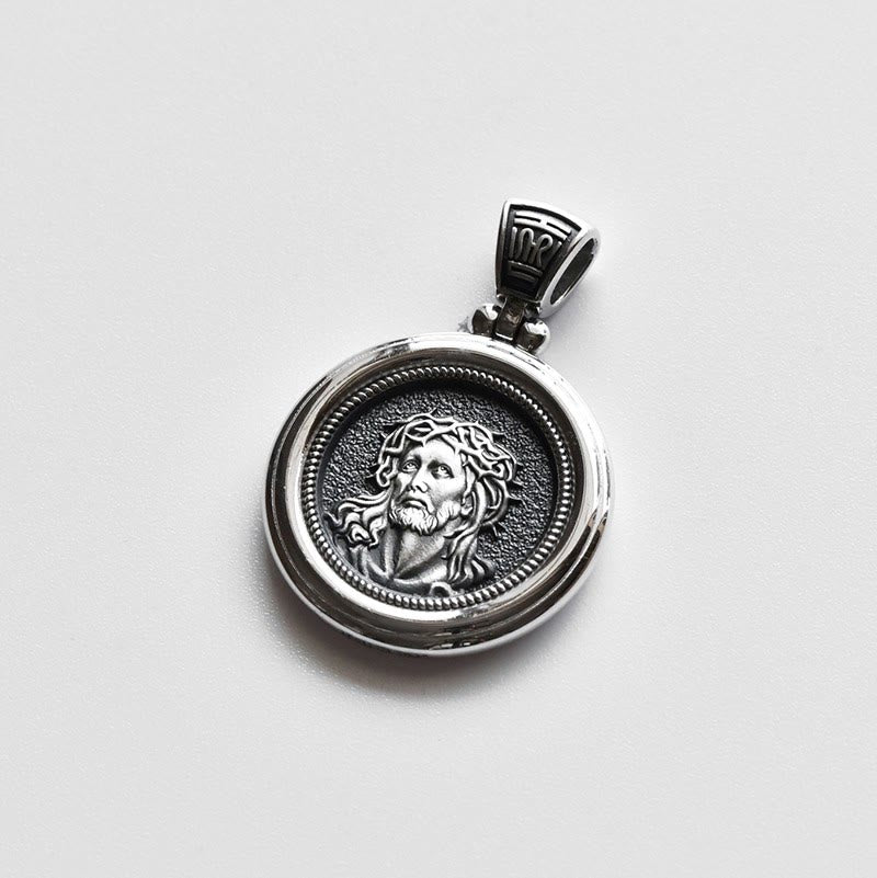 Collar de medalla de doble cara de plata de ley con Corona de Espinas y Nuestra Señora de los Dolores